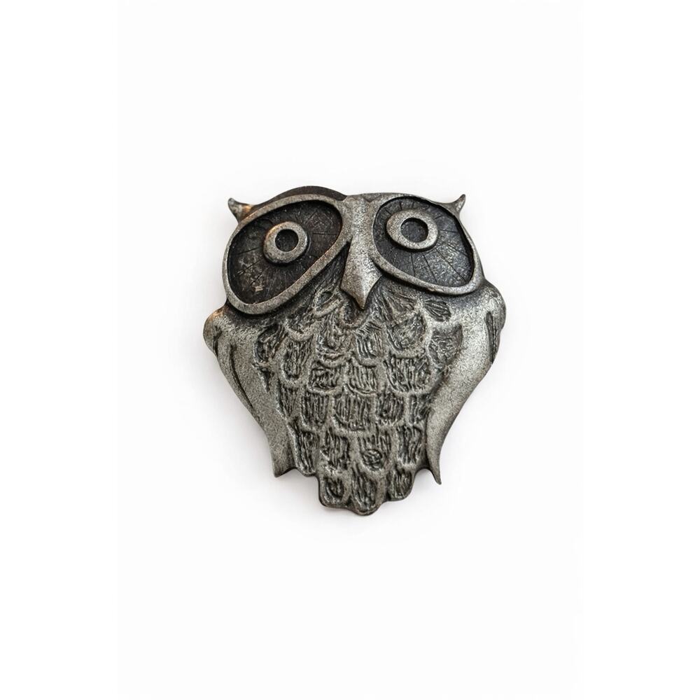Vintage Pewter Owl Brooch Signed Metzke Silver Tone Figural Bird Pin